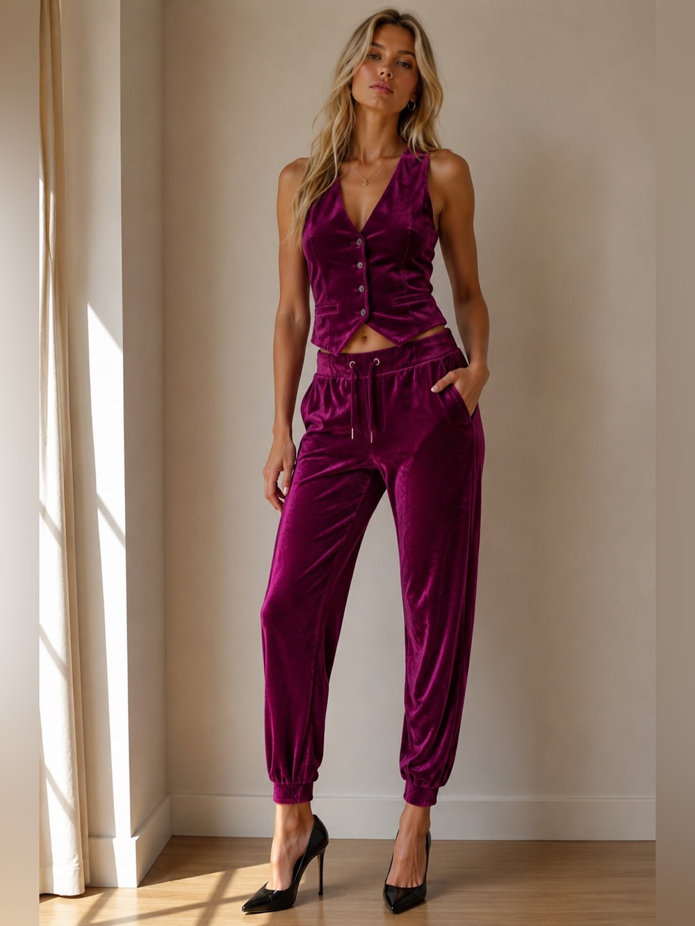 Zara Velvet Jogger Pants Fuchsia Magenta Drawstring Waist Size S